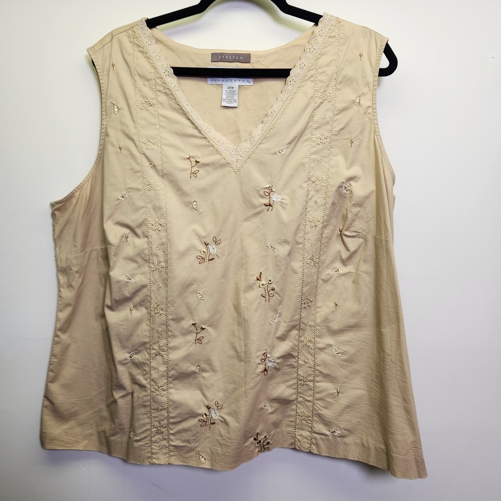 Vtg Maggie McNaughton Cotton Spandex Top 20W Embroidered Lace Sleeveless Zip